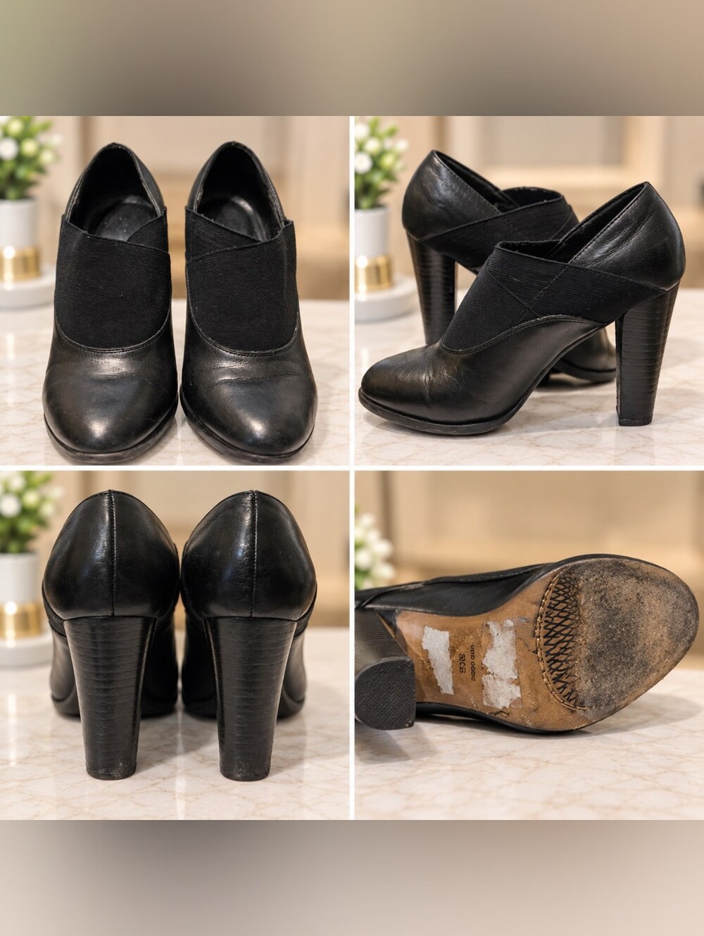 Franco Sarto Black Leather Elastic Strap Heels – Size 38.5/8